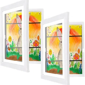 White wood texture A4 kids art frame with magnetic front opening and nature illustration
