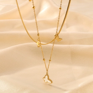 Double Layer Butterfly Pendants Bead Chain Necklace Stainless Steel Gold Plated White Shell Retro French Style Jewelry
