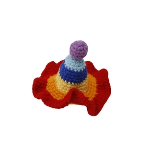 Handmade crochet colorful mini top hat hair clip with vibrant ruffle and pom-pom detail