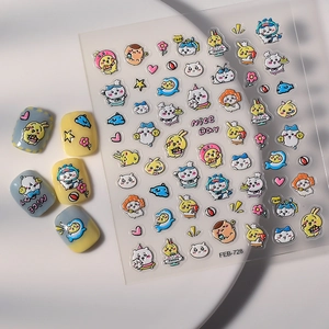 Stickers ongles 5D Chiikawa avec motifs mignons de lapins et fleurs style FEB-728