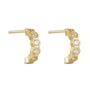 Minimalist S925 sterling silver hexagon zircon stud earrings with golden honeycomb design