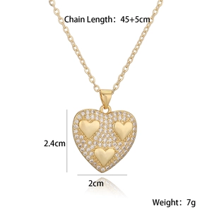 Detailed view of heart pendant with zircon inlay and chain measurement specifications