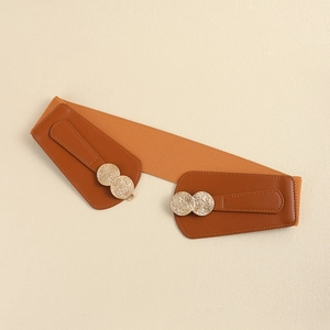 Women's brown elastic wide waist belt with vintage gold interlocking metal buckle