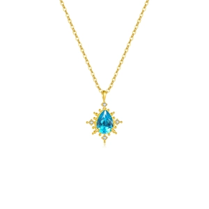 925 silver 18K gold necklace with blue teardrop zircon pendant and tiny diamonds