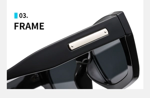 Macro shot of stylish square sunglasses showing silver metal rivet detail on the temple