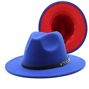 Flat brim wool felt fedora in royal blue and red contrast with gold chain detail
