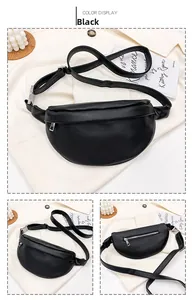Detail view of black minimalist half-moon waist bag with adjustable strap and zip pocket