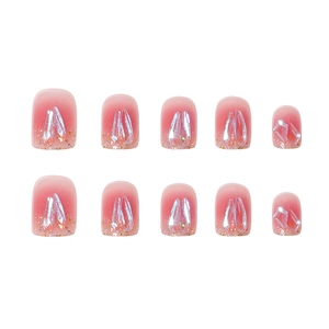 Pink orange gradient press-on nails set with glitter tips and 3D crystal accents