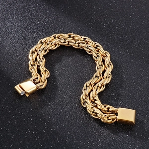 Bracelet chaîne de vélo dorée à double rangée pour hommes en acier avec fermoir texturé