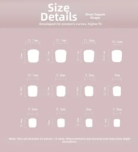 Size chart for short square press-on nails with twelve measurements for 24 piece set