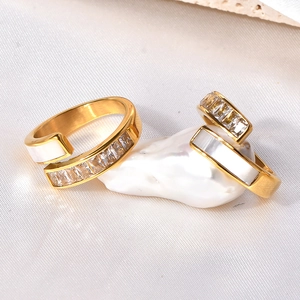Chic 18k gold plated stainless steel open rings with zircon and white shell inlay