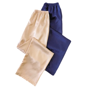 Damen Schlafhose aus Seidensatin in Champagner und Dunkelblau mit elastischem Bund