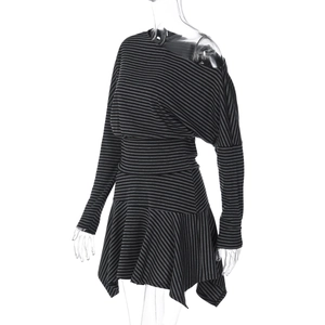 Detail of off-shoulder neckline and asymmetric hem on striped slim fit dress