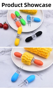 Close-up of colorful stainless steel corn holders for BBQ in five bright colors