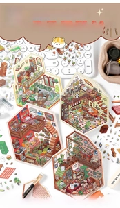 Close-up of 2.5D miniature room scene stickers with intricate hand-drawn illustrations