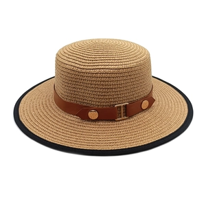 British flat top straw sun hat with leather belt decoration and black brim edging
