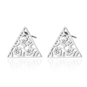 Polished silver stainless steel hollow triangle stud earrings with floral pattern