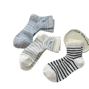 Women's thin breathable cotton striped mid-calf socks in grey, blue, and black multi-packs