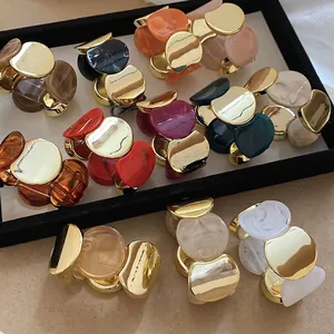 Bracelet Chunky En Acrylique Texture Marbre Épissage Métal Doré Élastique Mode Bijoux Géométriques Pour Femmes