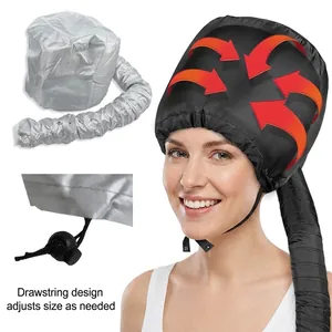 Adjustable silver bonnet hair dryer attachment with airflow hose for salon styling