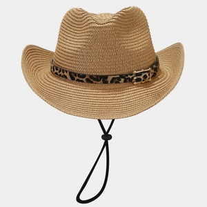 Detail of leopard print band and gold metal buckle on breathable straw panama hat