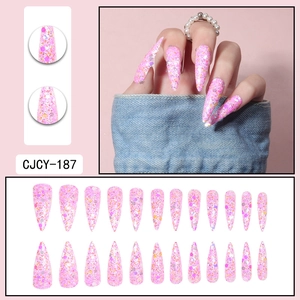 Sparkly pink stiletto press-on nails with colorful sequins and long pointed tips, 24pcs set