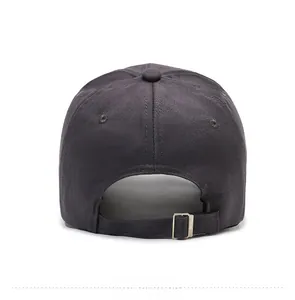 Detail view of the charcoal cotton baseball cap featuring an adjustable metal buckle strap
