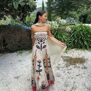 Bohemian floral embroidery sling maxi dress with sheer mesh shawl in apricot finish