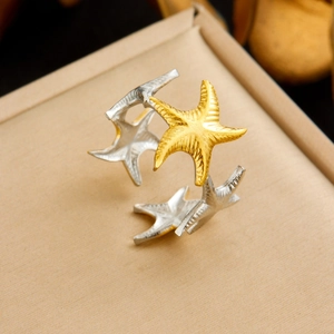 Adjustable two-tone starfish open ring with gold and silver brushed metal texture