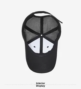 Interior detail of breathable mesh baseball cap showing white support lining and stitch
