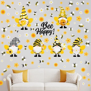 Bee Happy gnome wall stickers set with sunflowers and bees for home window decoration