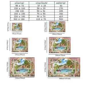 Size chart for forest landscape wall tapestry with dimensions in centimeters and inches