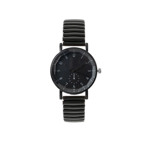 Détail d'une montre à quartz noire avec cadran mat et bracelet à texture ondulée unique
