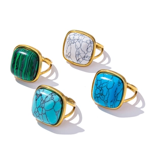 Adjustable square signet ring set with green white and blue stone inlays for unisex