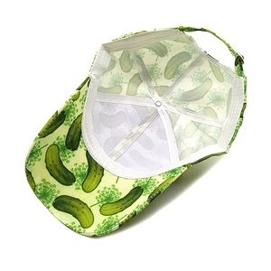Internal view of cucumber print baseball cap showing inner lining and metal buckle