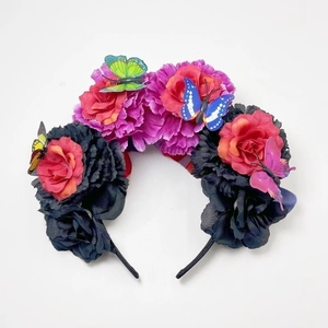 Mexican floral headband with colorful 3D butterflies for Day of the Dead party