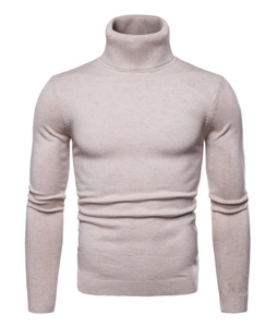 Detail of high turtleneck design and ribbed knit texture on slim-fit men's sweater