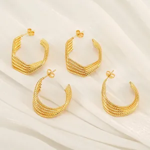 U-Shaped Geometric Layered Hoop Earrings 18K Gold Plated Stainless Steel Twisted Ripple Texture Minimalist Luxury Women