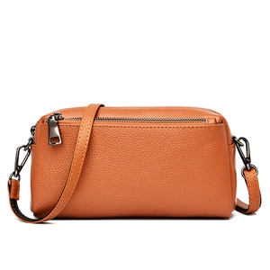 Caramel genuine leather crossbody bag with lychee texture and adjustable strap
