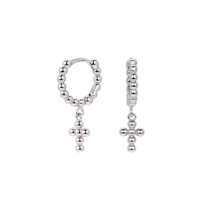 S925 sterling silver hoop earrings featuring a beaded texture and cross pendant