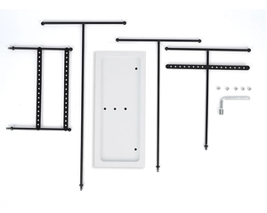 Detailed view of the black metal T-bars and white base assembly kit with tools