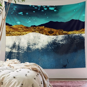 Detailed texture of high-quality polyester tapestry featuring abstract mountain nebula art