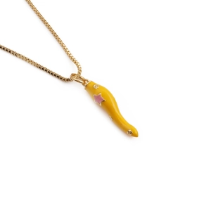 Gold box chain necklace featuring a yellow chili pepper pendant with pink star detail