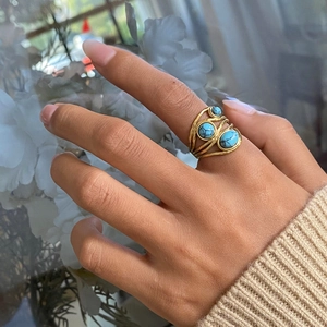 Bohemian Multilayer Open Ring Stainless Steel Natural Blue Turquoise Stones Gold Plated Adjustable Vintage Jewelry Women