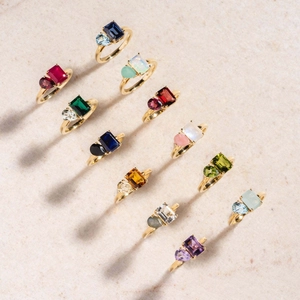 Vintage Titanium Steel Birthstone Adjustable Open Ring Women Gold Plated Geometric Rhinestone Inlaid Finger Ring Gift