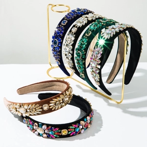 Baroque Padded Velvet Rhinestone Headband For Women Retro Geometric Glass Jewel Luxury Hair Accessory For Party Wedding