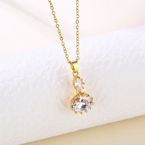 Stainless Steel Pendant Necklace Minimalist Double Clear Zircon Water Drop Oval Crystal Jewelry For Women