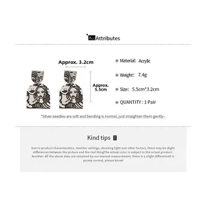 Detail view of acrylic portrait earrings with silver pins weighing 7.4g and 5.5cm length