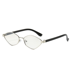 Modern irregular silver metal sunglasses with geometric frames and black temple tips
