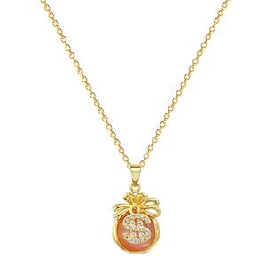 Luxurious gold money bag necklace with sparkling dollar sign pendant on white background